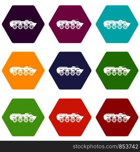 Army battle tank icon set many color hexahedron isolated on white vector illustration. Army battle tank icon set color hexahedron