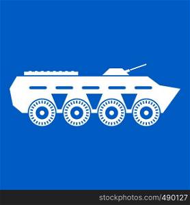 Army battle tank icon white isolated on blue background vector illustration. Army battle tank icon white