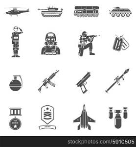 Army Black White Icons Set . Army black white icons set with army transport uniform and weapons flat isolated vector illustration