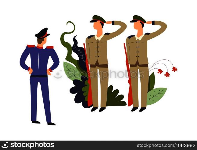 Army commander and soldiers with riffles obeying order vector. Armed forces wearing special costumes, uniform on men, gunshot and pistols of men. People on service gesturing standing in pose. Army commander, and soldiers with riffles obeying order