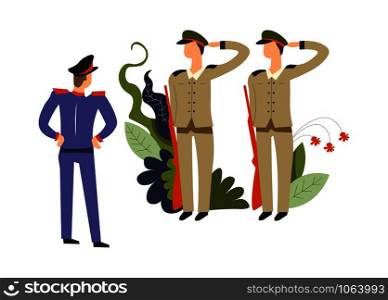 Army commander and soldiers with riffles obeying order vector. Armed forces wearing special costumes, uniform on men, gunshot and pistols of men. People on service gesturing standing in pose. Army commander, and soldiers with riffles obeying order