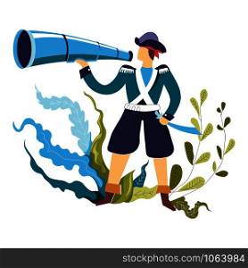 Army commander , navy service, man looking in long telescope vector. Person wearing special hat and uniform watching enemy in distance. Foliage and leaves decoration, person holding sharp sword. Army commander, , navy service, man looking in long telescope