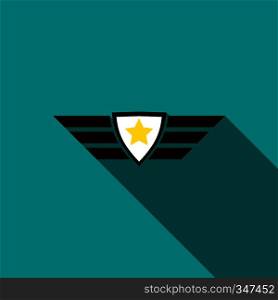 Army emblem icon in flat style on a turquoise background. Army emblem icon, flat style