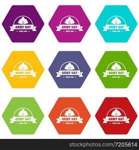 Army hat icons 9 set coloful isolated on white for web. Army hat icons set 9 vector