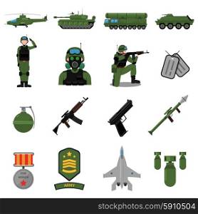 Army Icons Set. Army icons set with weapons soldiers and equipment flat isolated vector illustration