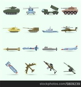 Army icons set with tank submarine military airplane isolated vector illustration. Army Icons Set