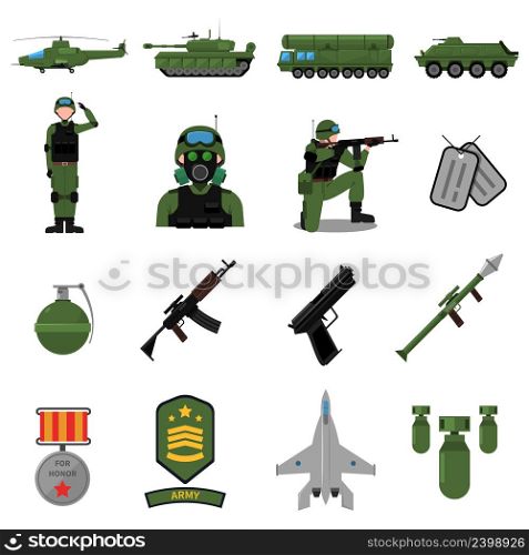 Army icons set with weapons soldiers and equipment flat isolated vector illustration . Army Icons Set