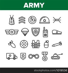 Army Military Collection Elements Icons Set Vector Thin Line. Medal And Shield, Truck And Tank, Target And Bomb, Radar And Parachute Army Concept Linear Pictograms. Monochrome Contour Illustrations. Army Military Collection Elements Icons Set Vector