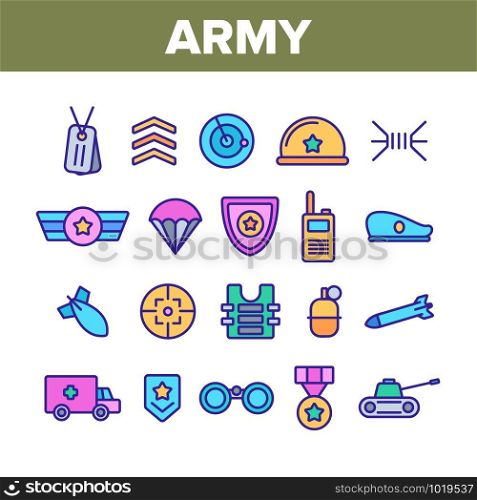 Army Military Collection Elements Icons Set Vector Thin Line. Medal And Shield, Truck And Tank, Target And Bomb, Radar And Parachute Army Concept Linear Pictograms. Color Contour Illustrations. Army Military Color Elements Icons Set Vector