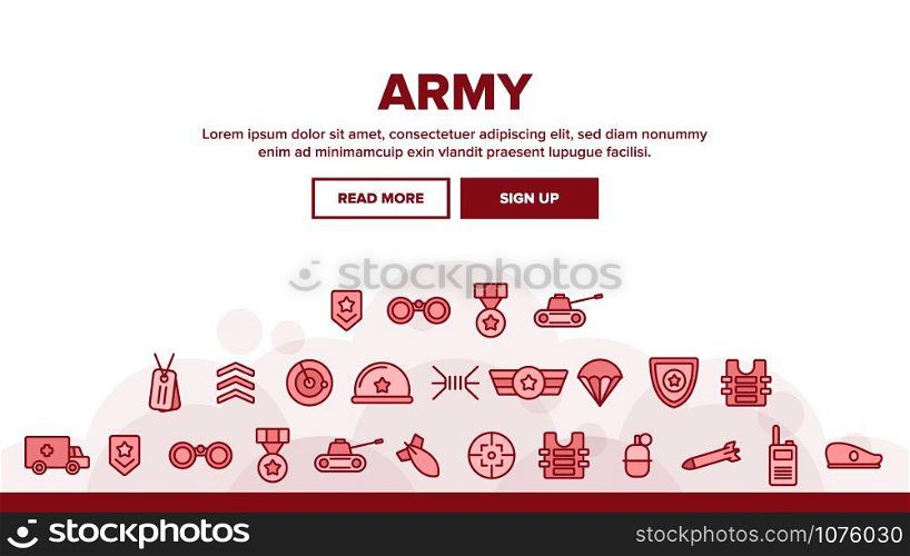 Army Military Landing Web Page Header Banner Template Vector. Medal And Shield, Truck And Tank, Target And Bomb, Radar And Parachute Army Illustration. Army Military Landing Header Vector