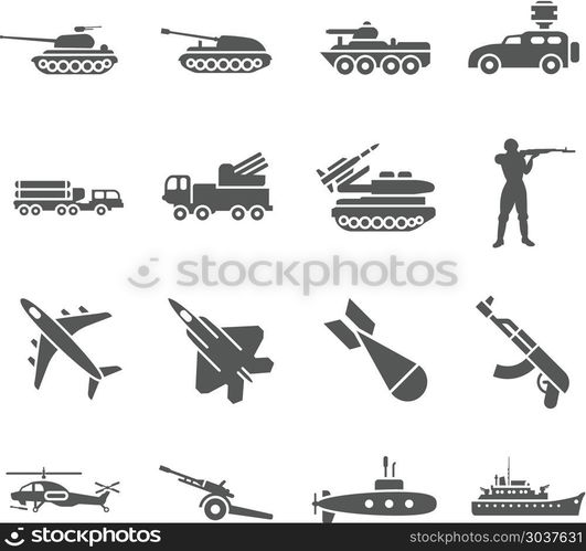 Army, military vector icons set. Army, military vector icons set. Military weapon, military rocket, military transport illustration