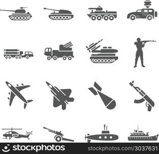 Army, military vector icons set. Army, military vector icons set. Military weapon, military rocket, military transport illustration