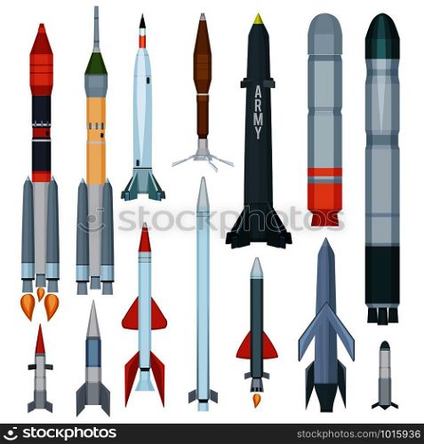 Army missile. Flight armour propeller rocket engine weapon military technology war vector collection. Rocket nuclear for army, launch artillery illustration. Army missile. Flight armour propeller rocket engine weapon military technology war vector collection