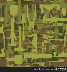 Army pattern tool. Military camouflage texture Vector of hammer, Paintbrush and screwdriver. Hunter, soldiers protective seamless pattern of military builders.