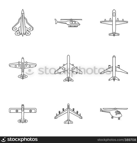 Army planes icons set. Outline illustration of 9 army planes vector icons for web. Army planes icons set, outline style