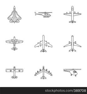 Army planes icons set. Outline illustration of 9 army planes vector icons for web. Army planes icons set, outline style
