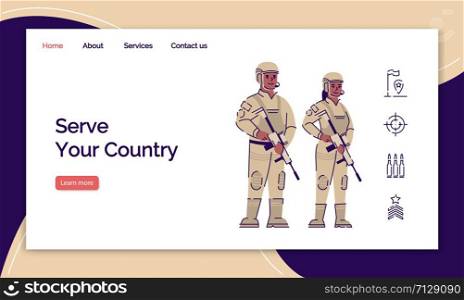Army service landing page vector template. US soldiers website interface idea with flat illustrations. Military force homepage layout. Professional officers web banner, webpage cartoon concept