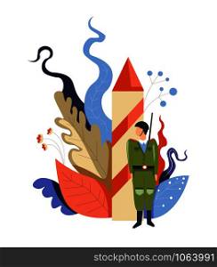 Army soldier and rocket abstract plants and trees isolated icon man in uniform patriotic profession and striped missile country servant and male work defense and safety national security vector.. Army soldier and rocket abstract plants and trees isolated icon