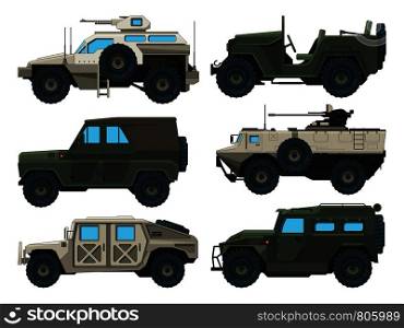 Army vehicles set. Colored vector illustrations. Military car armored with gun. Army vehicles set. Colored vector illustrations