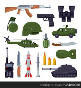 Army weapons illustration set. Military equipment. Vector pictures of missile, tank, launcher, rocket in flat style. War, battle concept