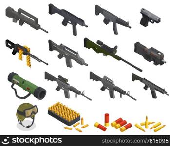 Army weapons isometric set with isolated icons and images of guns bullets and various arms inventory vector illustration
