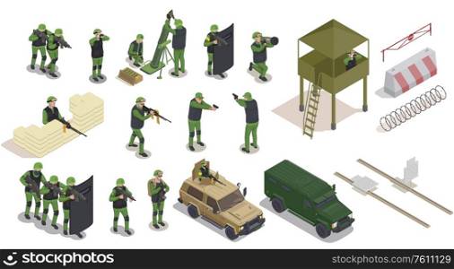 Army weapons soldier isometric collection of isolated human characters icons of barriers and armed military vehicles vector illustration