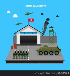Army Weekdays Illustration. Army weekdays with training symbols and weapons on blue background flat vector illustration