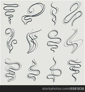Aroma and smoke line stream. Smell linear trails vector set. Steam fragrance from cigarette, smokestack trail illustration. Aroma and smoke line stream. Smell linear trails vector set