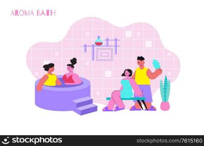 Aroma bath flat composition with text and indoor view of bathroom with jaccuzi and human characters vector illustration