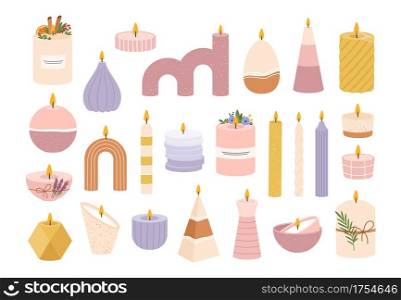 Aroma candles. Burning candle with flowers, herbs and fruits. Handmade decorative shaped aromatic candlelight with flames flat vector set. Illustration candle aroma to therapy aromatic. Aroma candles. Burning candle with flowers, herbs and fruits. Handmade decorative shaped aromatic candlelight with flames flat vector set