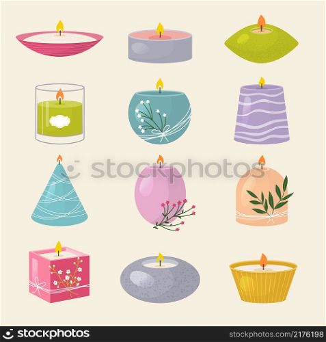 Aroma candles. Spa salon symbols styling decoration beeswax holiday light candles recent vector colored illustrations set. Illustration aroma relax candle, aromatherapy spa. Aroma candles. Spa salon symbols styling decoration beeswax holiday light candles recent vector colored illustrations set