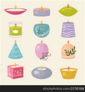 Aroma candles. Spa salon symbols styling decoration beeswax holiday light candles recent vector colored illustrations set. Illustration aroma relax candle, aromatherapy spa. Aroma candles. Spa salon symbols styling decoration beeswax holiday light candles recent vector colored illustrations set