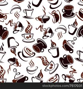 Aroma coffee retro seamless pattern with brown outline cups of fresh brewed coffee, adorned by ornamental swirls of steam and coffee beans. Coffee shop menu, cafe interior and fabric design usage. Seamless pattern with brown cups of coffee