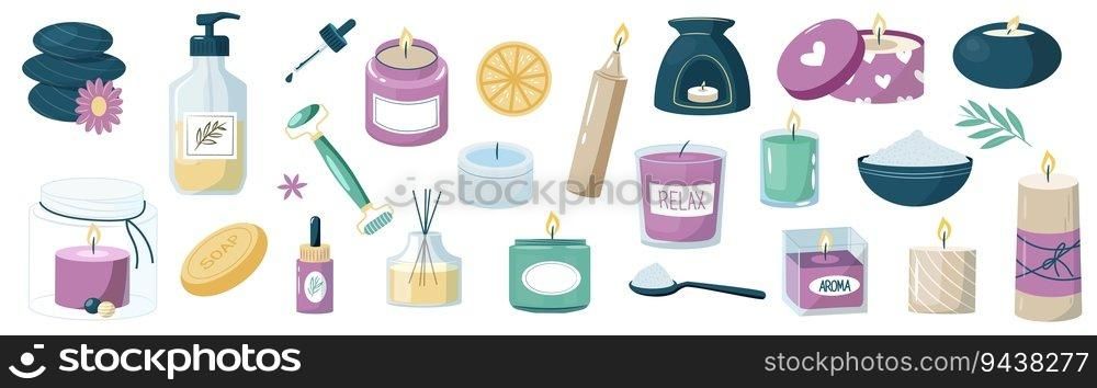 Aroma collection. Cartoon natural scented wax, candlelight and aromatherapy, zen and spa decorative fragrance candle elements. Vector isolated set of aromatherapy candle, cartoon natural illustration. Aroma collection. Cartoon natural scented wax, candlelight and aromatherapy, zen and spa decorative fragrance candle elements. Vector isolated set
