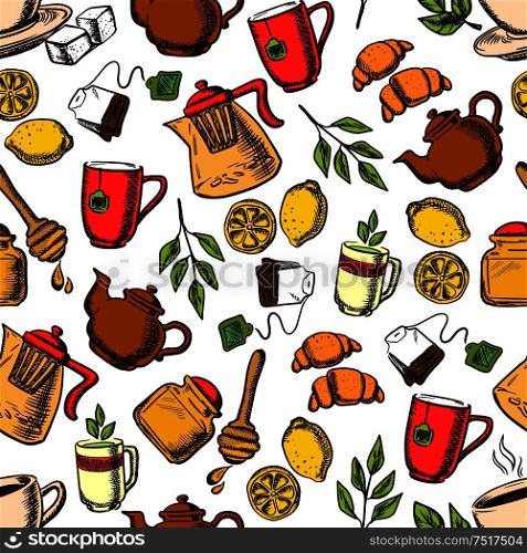 Aroma herbal, black and green tea drinks retro background with seamless pattern of cups and mugs of fresh brewed beverages with teabags and green leaves, lemons fruits and croissants, teapots and honey jars. Tea drinks seamless pattern with cups and leaves