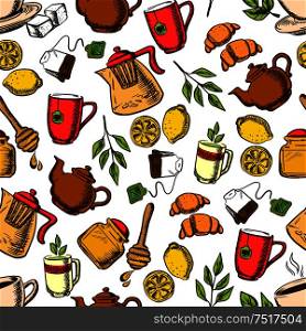 Aroma herbal, black and green tea drinks retro background with seamless pattern of cups and mugs of fresh brewed beverages with teabags and green leaves, lemons fruits and croissants, teapots and honey jars. Tea drinks seamless pattern with cups and leaves