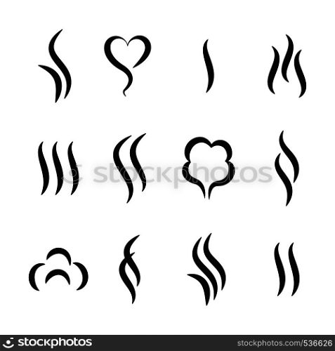Aroma steam icons. Warm vapour and cooking smell abstract symbols, aroma water and oil odor. Vector tea and coffee smell black logos set. Aroma steam icons. Warm vapour and cooking smell abstract symbols, aroma water and oil odor. Vector tea and coffee smell black logos