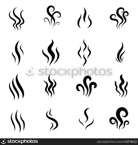Aromas, smell vaporize icon. Outline symbols smoke, cooking steam odour, fume of flame. Hot aroma odors signs set. Wave of stench isolated. vector abstract illustration