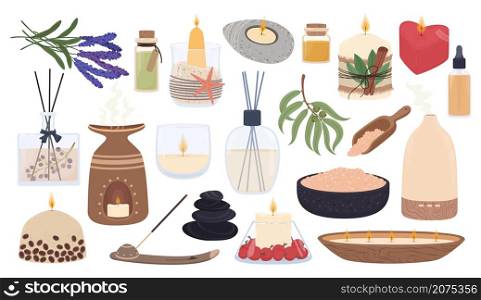 Aromatherapy and spa elements, scented candles, essential oils. Mineral salts, candle with herbs, aroma diffusers for relaxation vector set. Lavender and hot stones for healthy massage. Aromatherapy and spa elements, scented candles, essential oils. Mineral salts, candle with herbs, aroma diffusers for relaxation vector set