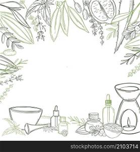 Aromatherapy. Aroma lamp and essential oils. Vector background. Sketch illustration.. Aromatherapy vector background.