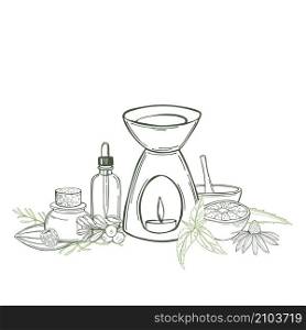 Aromatherapy. Aroma lamp and essential oils. Vector sketch illustration.. Aromatherapy set. Vector illustration.