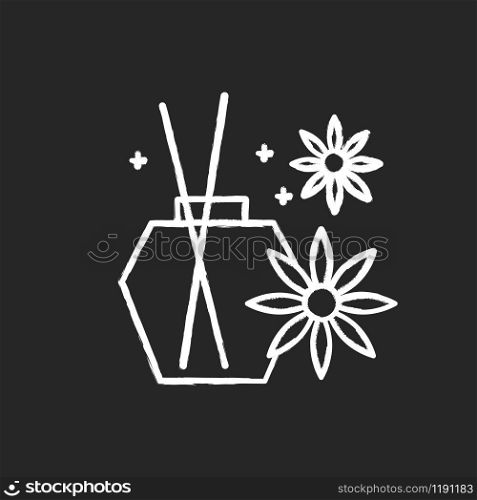 Aromatherapy chalk icon. Blossom scented sticks. Essential oils in glass jar. Selfcare and wellness. Therapeutic spa product. Cosmetic decoration. Floral aroma. Isolated vector chalkboard illustration