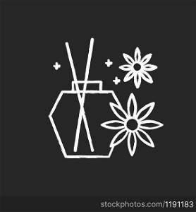Aromatherapy chalk icon. Blossom scented sticks. Essential oils in glass jar. Selfcare and wellness. Therapeutic spa product. Cosmetic decoration. Floral aroma. Isolated vector chalkboard illustration