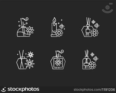 Aromatherapy chalk icons set. Floral scented sticks. Aromatic candles. Blossom air freshener. Cosmetology, spa therapy. Relaxation. Female selfcare. Isolated vector chalkboard illustrations