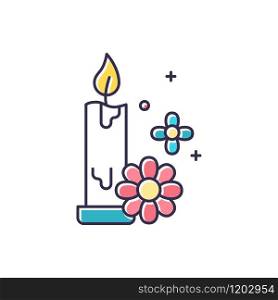 Aromatherapy color icon. Floral scented candle. Perfumed air freshener. Spa product for meditation. Relaxation and selfcare. Bath decoration. Candlelight for resting mood. Isolated vector illustration