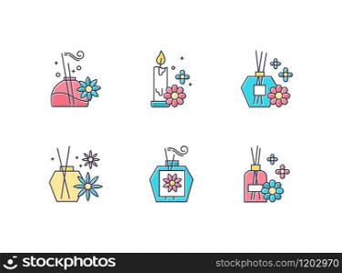 Aromatherapy color icons set. Floral scented sticks. Aromatic candles. Blossom air freshener. Cosmetology, spa therapy. Relaxation and stress relief aid. Female selfcare. Isolated vector illustrations
