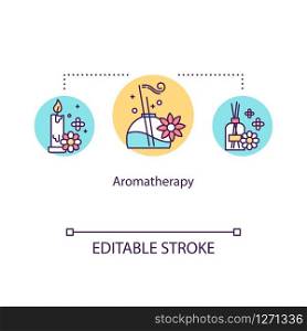 Aromatherapy concept icon. Complementary therapy idea thin line illustration. Therapeutic use of essential oils. Healing treatment. Vector isolated outline RGB color drawing. Editable stroke