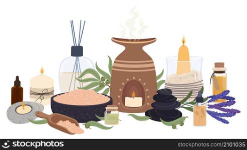 Aromatherapy elements for relaxation, scented candles and essential oils. Spa stones, aromatic diffuser, lavender flowers vector illustration. Mineral salt and plant leaves for therapy. Aromatherapy elements for relaxation, scented candles and essential oils. Spa stones, aromatic diffuser, lavender flowers vector illustration