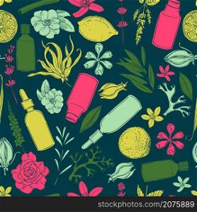 Aromatherapy. Essential oils. Plants for perfumery. Vector seamless pattern . Essential oils and plants for perfumery.
