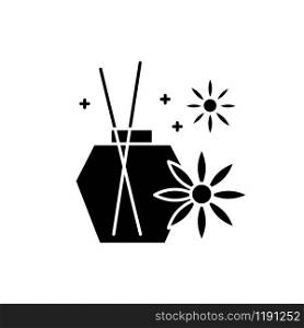 Aromatherapy glyph icon. Blossom scented sticks. Essential oils in glass jar. Selfcare and wellness. Therapeutic spa product. Silhouette symbol. Negative space. Vector isolated illustration